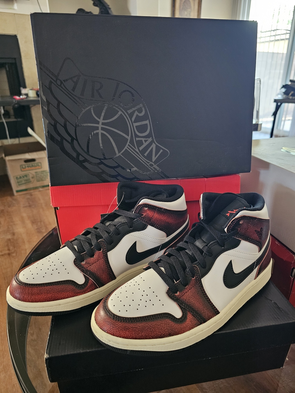 Jordan Mid-Top Sneakers in White, Black and Metallic Red